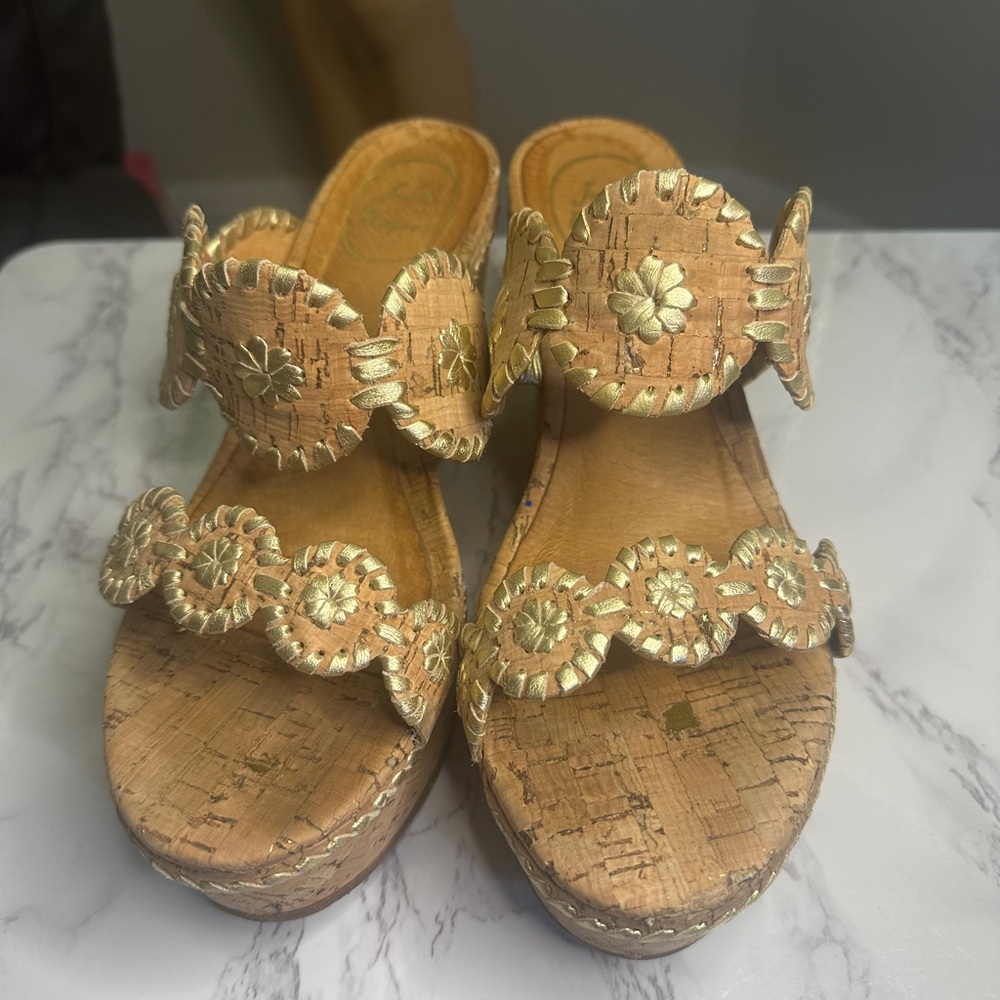 Jack Rogers Floral/Gold Cork Leigh Wedges Sz 8 EUC